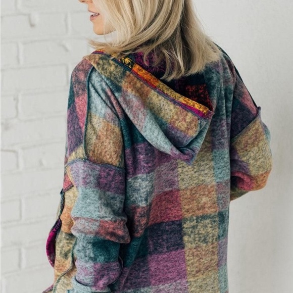 Multicolor Brushed Plaid Buttoned Pullover  Oversized Hoodie - Picture 4 of 7